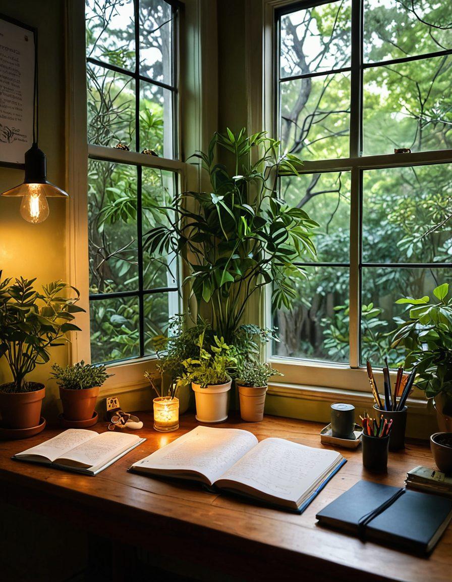A glowing digital diary displaying captivating entries with vibrant, colorful pages showcasing icons of creativity like paintbrushes, musical notes, and travel symbols. The background features a serene workspace with plants and soft light, inviting warmth and inspiration. The atmosphere melds technology and mindfulness, illustrating the essence of personal transformation through journaling. super-realistic. vibrant colors. soft focus.