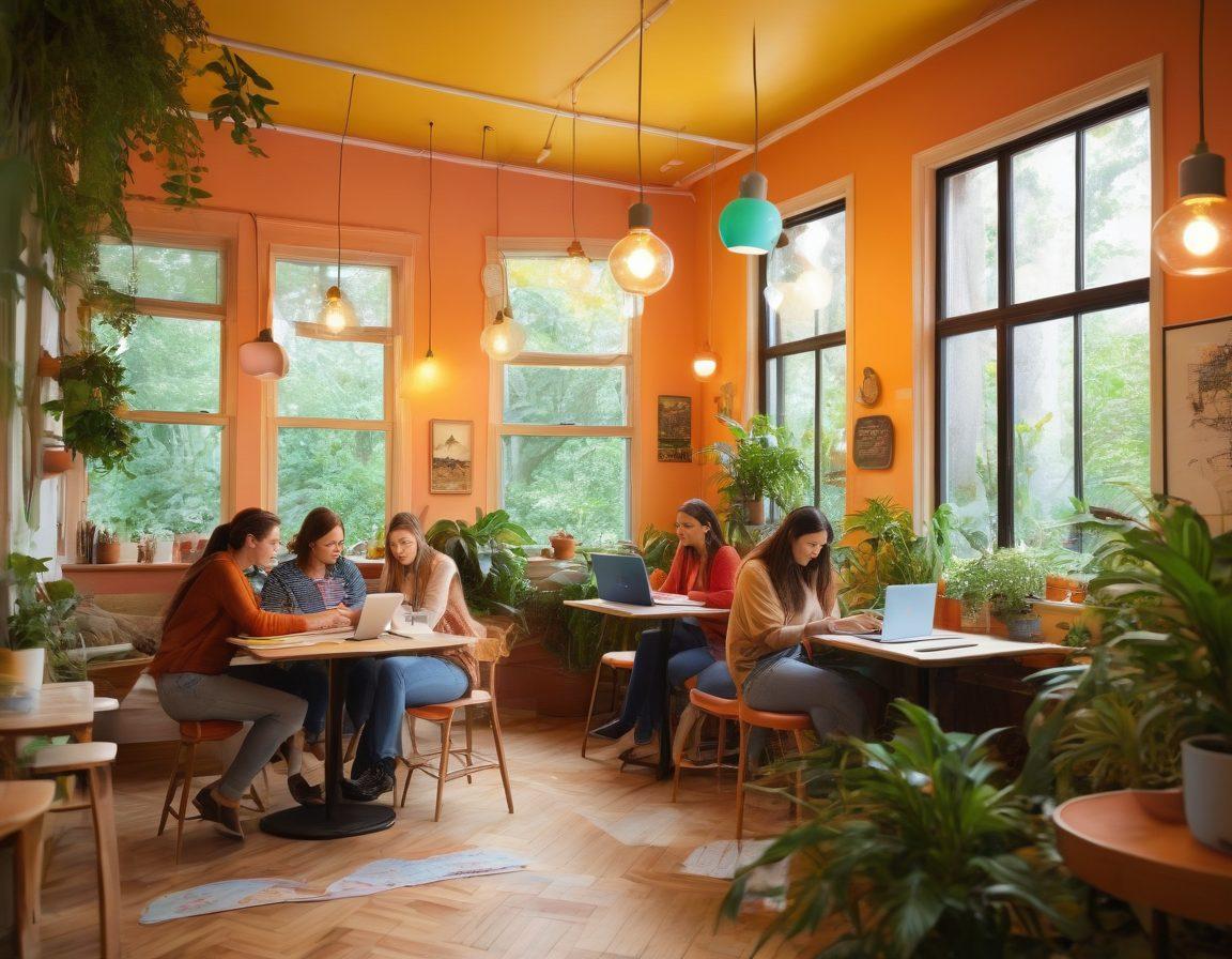 A vibrant scene showcasing a diverse group of bloggers exchanging stories in a cozy cafe, with colorful notebooks and laptops open, depicting a map of interconnected ideas above them. A glowing light bulb symbolizes creativity and inspiration, surrounding lush plants to emphasize a thriving community. Warm, inviting colors and a whimsical style should evoke a sense of connection and empowerment. cartoon style. vibrant colors. soft background.