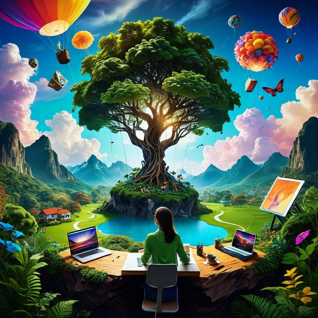 A vibrant digital landscape depicting interconnected blogs as floating islands above a lush valley, each representing diverse topics like technology, lifestyle, and creativity. In the foreground, a creative individual energetically typing on a laptop, surrounded by colorful ideas and content elements swirling around. Bright, engaging colors enhance a sense of collaboration and community in the blogosphere. fantasy art. vibrant colors. 3D.